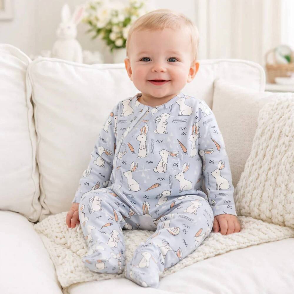 NEW TESA BABE kid's cottontail crew footie zipper romper in blue